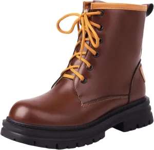 Ankle Boots for Women Leather Round Toe High Chunky Heel Solid Color Lace Up Mid Calf Boots Ankle Boots Short Boots