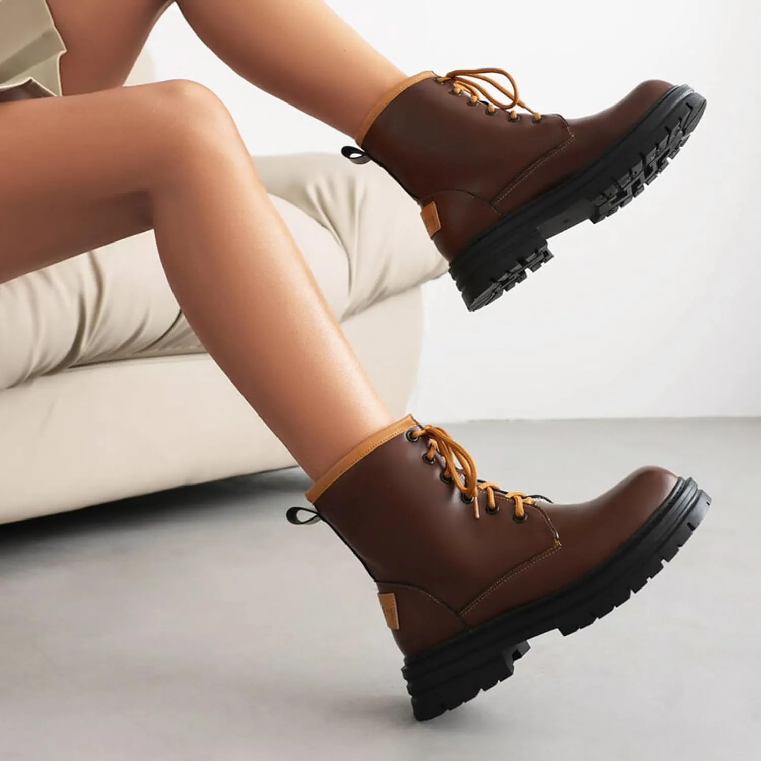 Ankle Boots for Women Leather Round Toe High Chunky Heel Solid Color Lace Up Mid Calf Boots Ankle Boots Short Boots