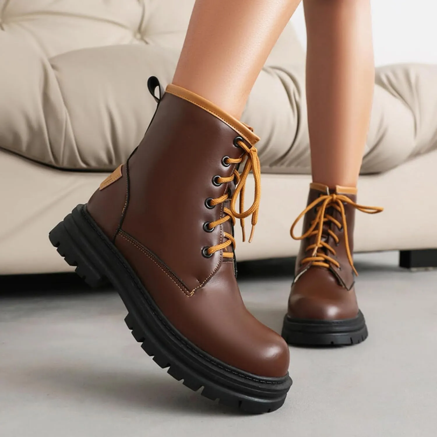 Ankle Boots for Women Leather Round Toe High Chunky Heel Solid Color Lace Up Mid Calf Boots Ankle Boots Short Boots