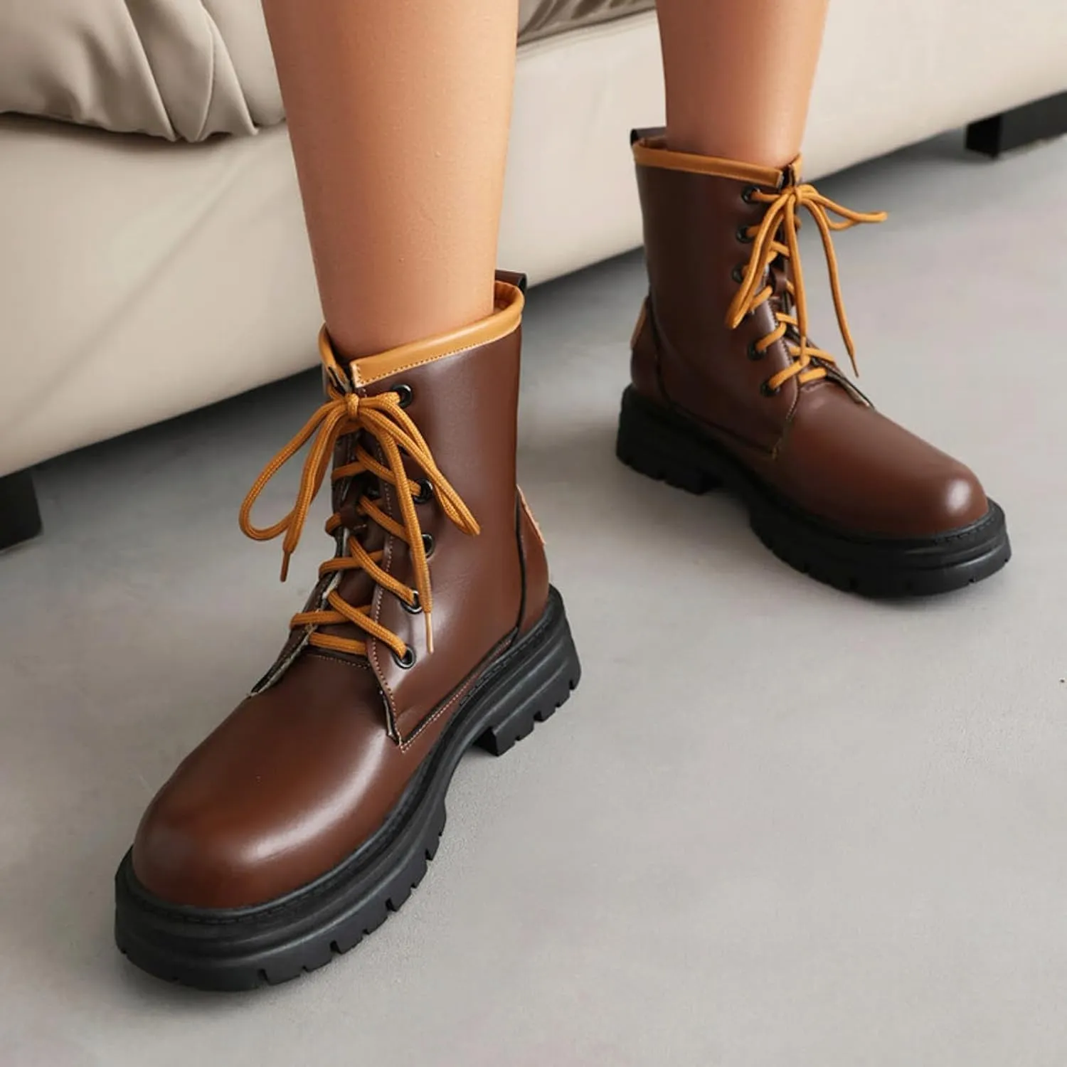 Ankle Boots for Women Leather Round Toe High Chunky Heel Solid Color Lace Up Mid Calf Boots Ankle Boots Short Boots