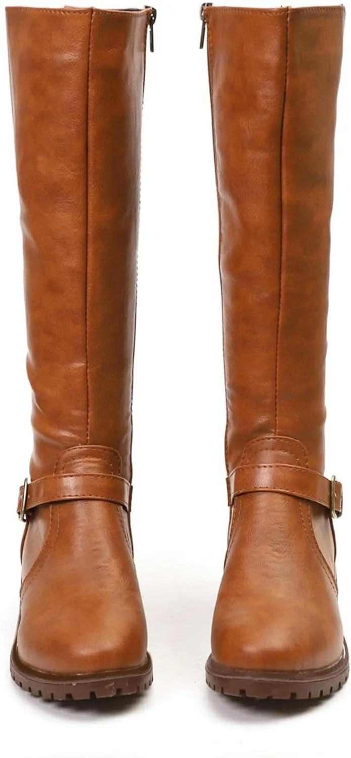 Knee High Boots Women Low Heel Snow Boots for Women Slip On Vintage Round Toe Leather Zipper Square Heel Boots