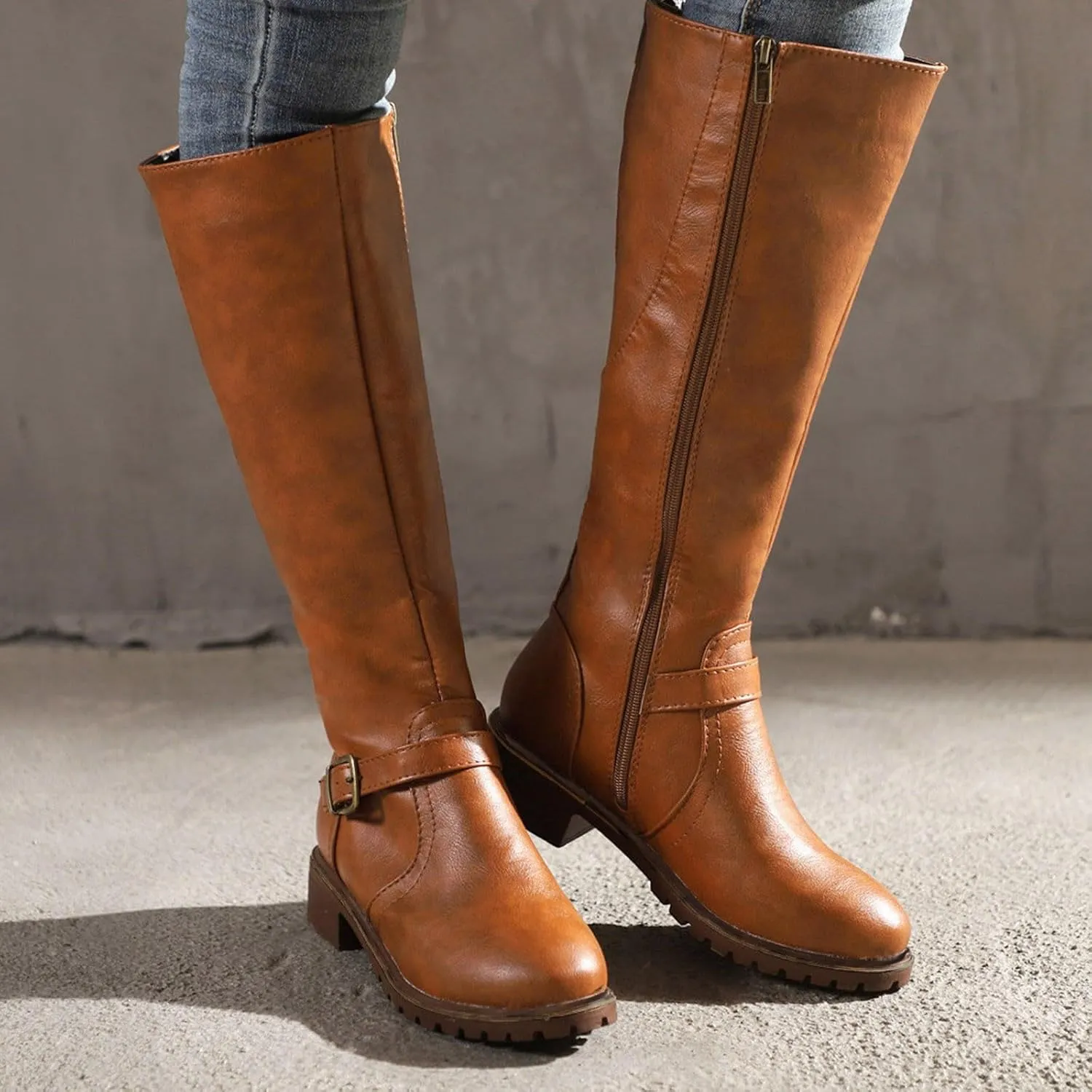Knee High Boots Women Low Heel Snow Boots for Women Slip On Vintage Round Toe Leather Zipper Square Heel Boots