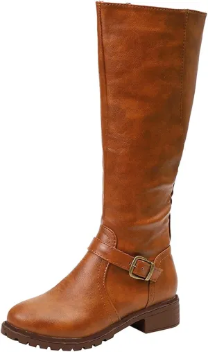 Knee High Boots Women Low Heel Snow Boots for Women Slip On Vintage Round Toe Leather Zipper Square Heel Boots