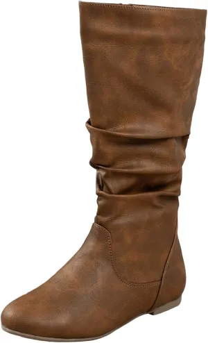 Knee High Boots Women Vintage Western Cowboy Mid Calf Boots Round Toe Square Heel Side Zipper Solid Color Leather