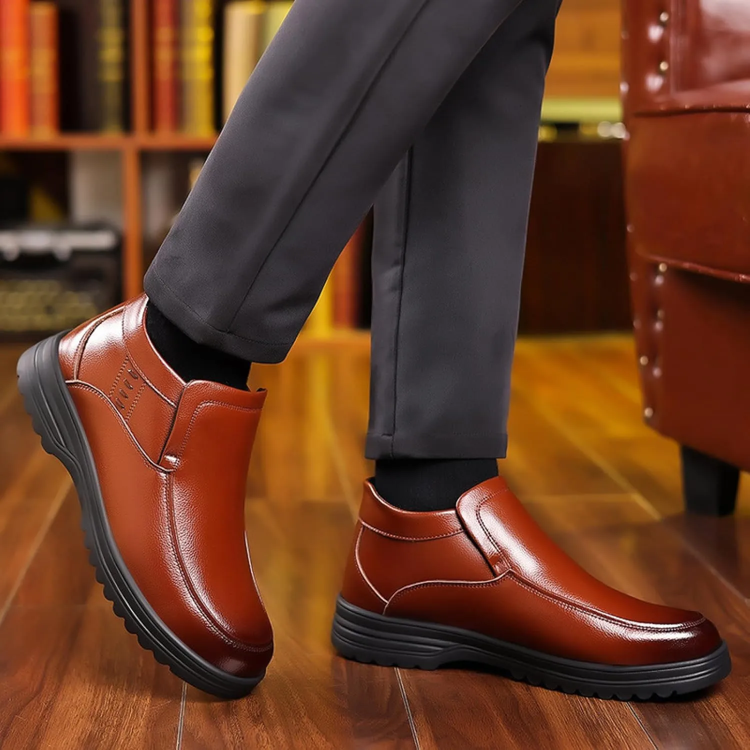 Men's Leather Slip-On Chukka Ankle Boots Waterproof Warm Fur Lined Soft Platform Low Top Retro Dress Snow Loafers Comfortable Casual Hiking Walking Shoes