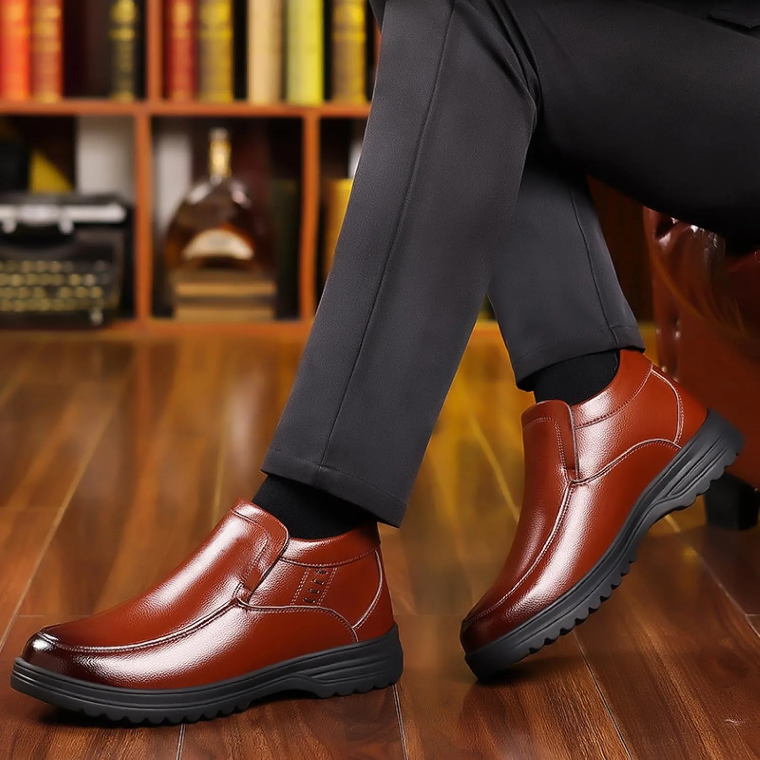 Men's Leather Slip-On Chukka Ankle Boots Waterproof Warm Fur Lined Soft Platform Low Top Retro Dress Snow Loafers Comfortable Casual Hiking Walking Shoes