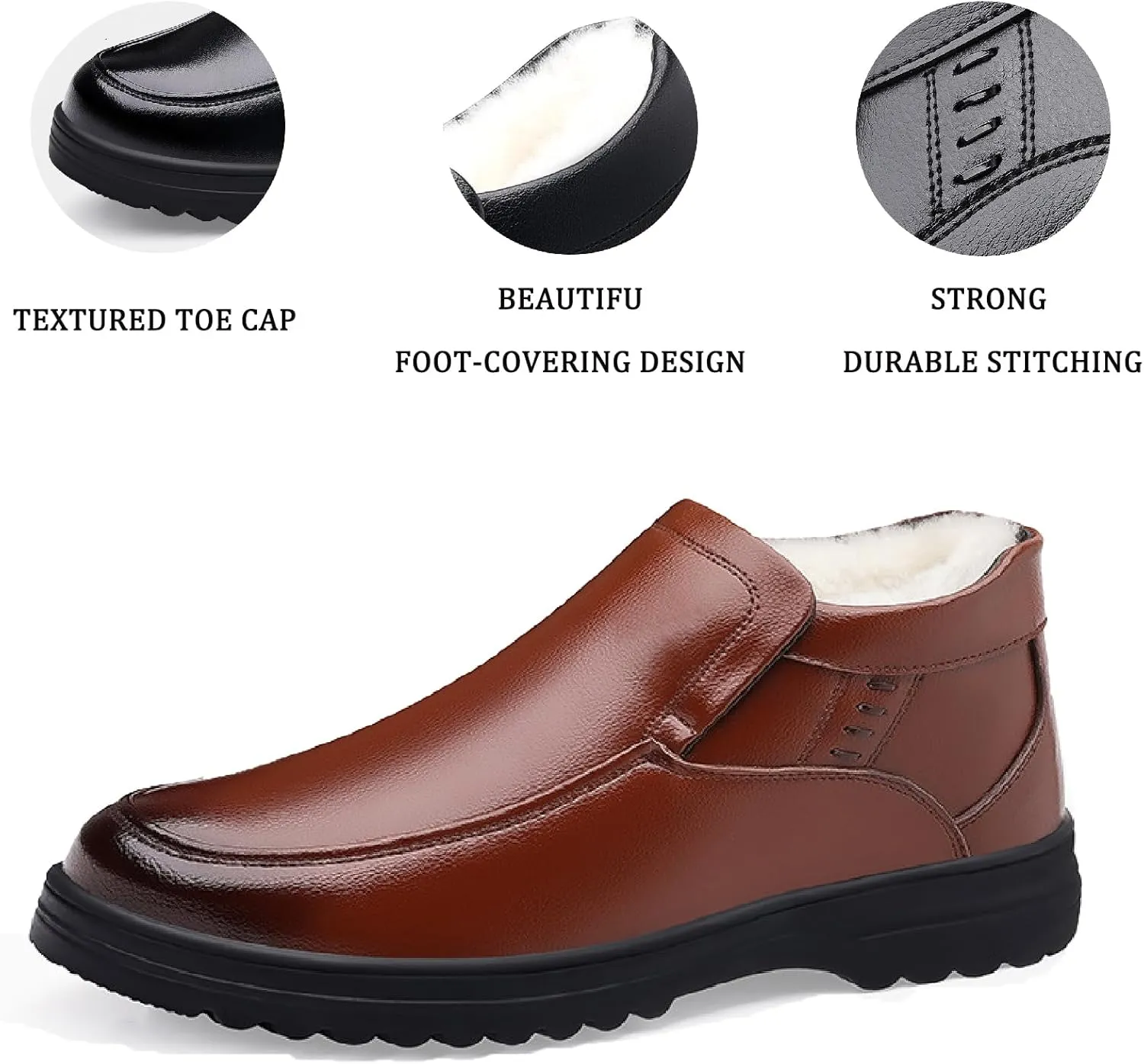 Men's Leather Slip-On Chukka Ankle Boots Waterproof Warm Fur Lined Soft Platform Low Top Retro Dress Snow Loafers Comfortable Casual Hiking Walking Shoes