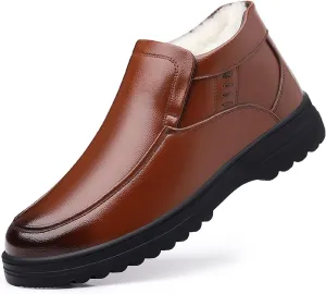 Men's Leather Slip-On Chukka Ankle Boots Waterproof Warm Fur Lined Soft Platform Low Top Retro Dress Snow Loafers Comfortable Casual Hiking Walking Shoes