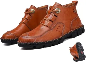 Mens Soft Leather Lace-Up Loafers Mid Top Vintage Hand Stitching Ankle Chukka Boots Outdoor Non-Slip Work Trekking Shoes