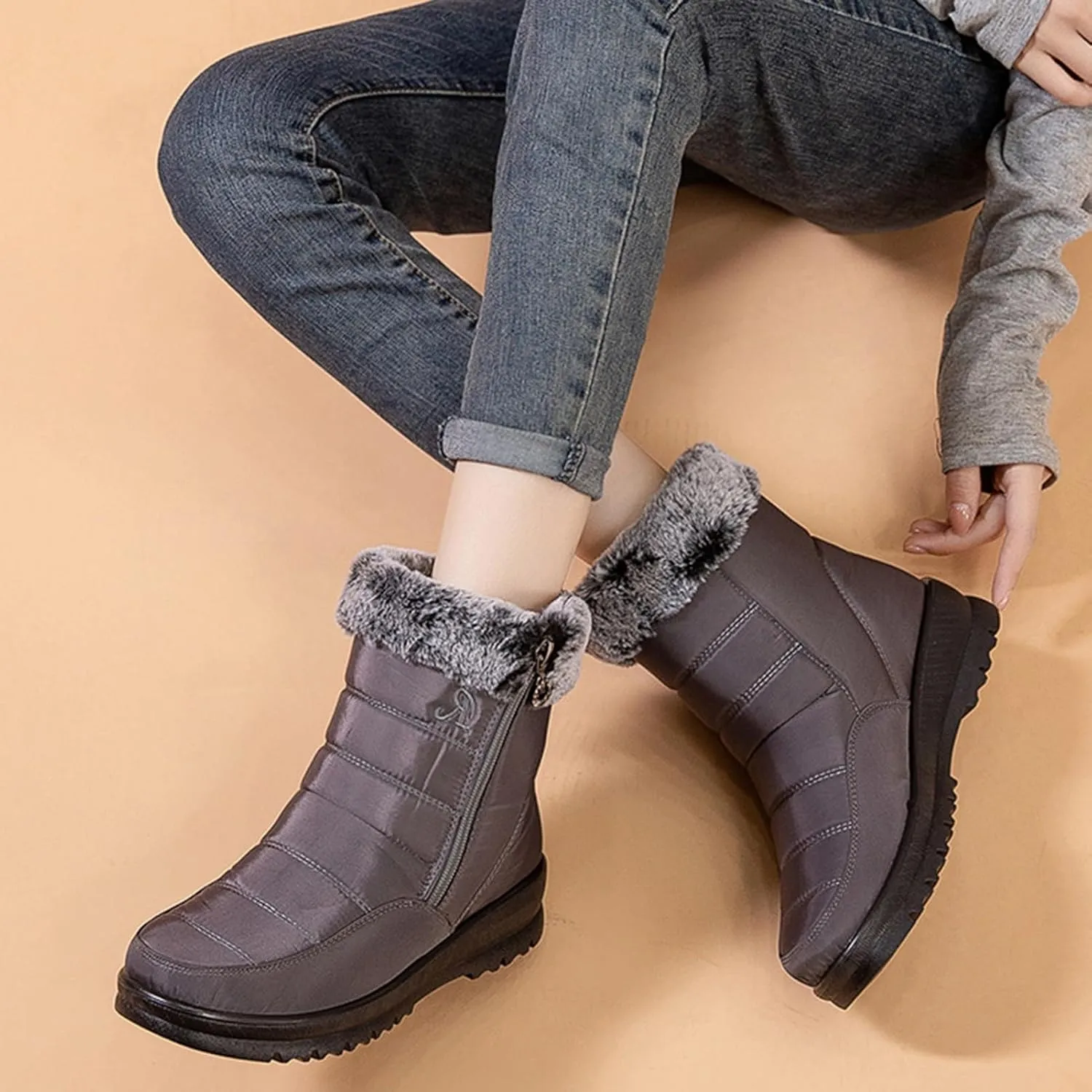 Womens Winter Boots Waterproof Insulated,Outdoor Walking Fur Lined Snow Boots Women,Comfortable Soft Trekking Warm Platform Winter Boots,Slip Resistant