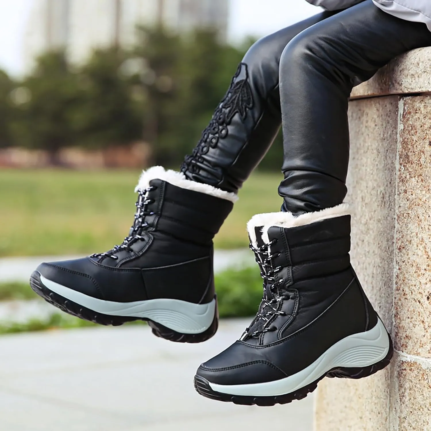 Womens Winter Snow Boots Waterproof Shoes Walking Comfortable Hiking Tennis Booties Furry Mid Calf Warm Lightweight