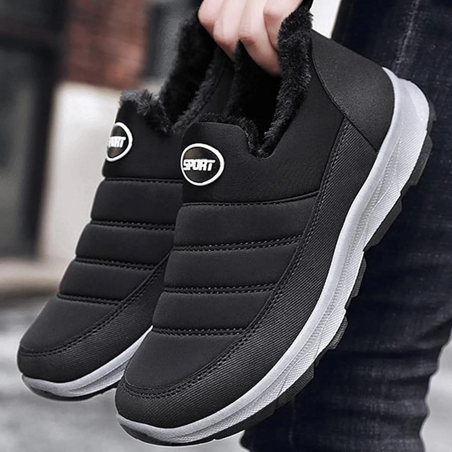 Yiozoi Men's Short Snow Boots Warm Plush Low Top Flat Shoes Soft Soles Windproof Men's Casual Walking Boots Non Slip